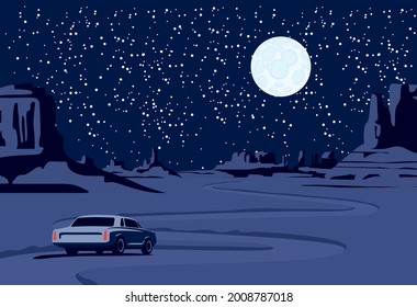 Night landscape with a deserted valley, mountains, a winding road with a single passing car and a full moon in a starry sky. Decorative vector background on the theme of the Wild West nature