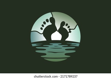 Night landscape design for travel or detective logo, silhouette of human footprints blends with night landscape vector illustration.