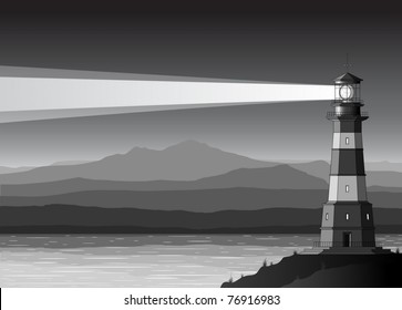 Night  landscape with detailed lighthouse, mountains and sea. Vector illustration.