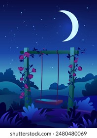 Night landscape. Empty garden swing covered with flowers. Vector colorful illustration for cards and design. Bright moonlight.
