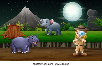 Night landscape with explorer boy and animals at nature
