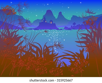 Night landscape with fairy-tale castle at the lake.
