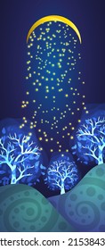 night landscape of fantastic valley. Fabulous blue trees on the hills with an ornament. Stars fall from an knocked over crescent. Banner, poster or card design for kids. 