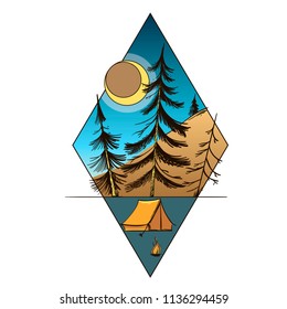Night landscape with fir trees, crescent, tent and mountains. Summer camp, camping or hiking. Vector illustration isolated on white background.