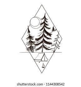 Night landscape with fir trees, crescent, tent and mountains. Summer camp, camping or hiking. Outline vector illustration isolated on white background.