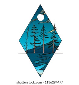 Night landscape with fir trees, full moon and mountains. Vector illustration isolated on white background for posters, stickers and much more.