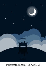 Night landscape flat design background, silhouette car driving through darkness, vector illustration