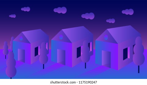 Night landscape. Flat house. Vector gradient illustration. Future geometric design. Abstract 3d meshes. 