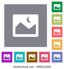 Night landscape flat icons on simple color square backgrounds