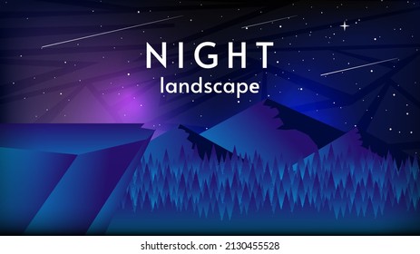 Night landscape. Flat style illustration. Dark blue sky with stars and comets. Mountains and forest. Design for wallpaper and background.