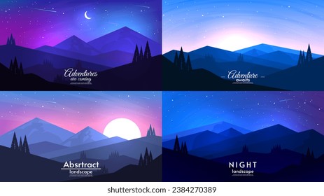Night landscape, flat style. Morning, evening and night. Vector illustration. Mountains with hills and forest. Beautiful starry sky. Design for wallpaper, postcard, poster, banner, invitation.