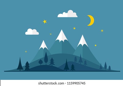 Night landscape in flat style. Scene with mountains of hills and forest at dusk. Vector illustration.