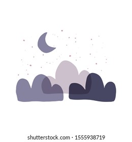 Night landscape flat vector illustration. Trendy geometric shape scenery isolated on white background. Creative moonlight night drawing. Trendy print. Adventure and travel