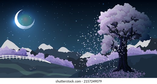 night landscape with a flowering tree on a hill. Scene with sakura under a shining crescent moon in the starry sky. Calm and quiet night in japan.