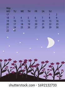 
night landscape, flowers, calendar. Vector graphics