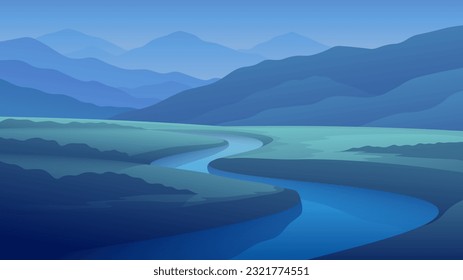 Night landscape of flowing river on majestic mountains background.