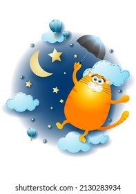 Night landscape with flying cat and umbrella, fairy tale. Vector illustration eps10