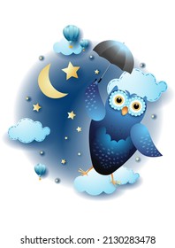 Night landscape with flying owl and umbrella, fairy tale. Vector illustration eps10