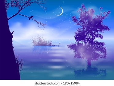 Night landscape with fog and trees submerged in water