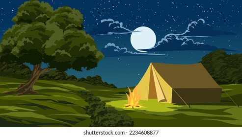 Night landscape in forest with camp full moon. Vector scenery illustration