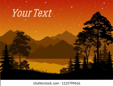 Night Landscape, Forest, Coniferous and Deciduous Trees Silhouettes, lake or river, Mountains, Orange Sky with Stars. Vector