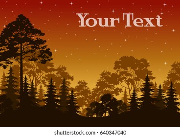 Night Landscape, Forest, Coniferous and Deciduous Trees Silhouettes, Orange Sky with Stars. Vector
