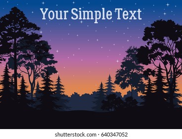 Night Landscape, Forest, Coniferous and Deciduous Trees Silhouettes, Sky with Stars. Vector