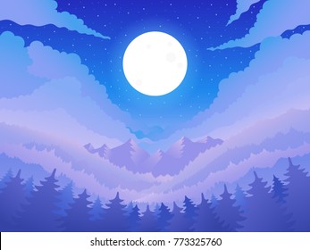 Night landscape. Forest, mountains and full moon. Vector illustration