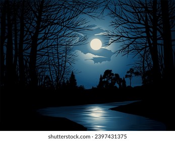 Night landscape in forest with river and moonlight