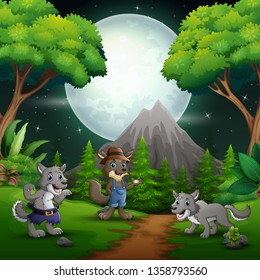 Night landscape in forest with three wolf
