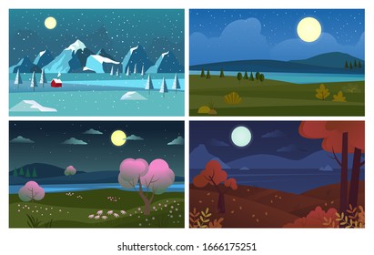 Night Landscape. Four Season Backgrounds Night View Summer Winter Autumn Spring Moonlight And Sky. Vector Illustrations