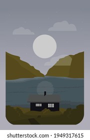 Night landscape with a full month. Vector flat illustration in calm colors. House on the holm by the lake. Design for cards, posters, backgrounds, textiles, templates, cartoons.