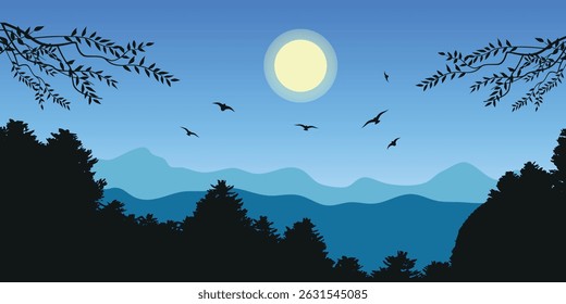 a night landscape with a full moon in the blue sky. Silhouettes of trees and branches, and birds flying in the sky. Several layers of mountains.