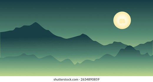 a night landscape with a full moon in a dark sky. Silhouettes of mountains are visible in the background. The atmosphere looks calm and mystical.

