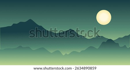 a night landscape with a full moon in a dark sky. Silhouettes of mountains are visible in the background. The atmosphere looks calm and mystical.

