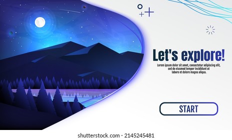 Night landscape with full moon, flat cartoon style. Abstract vector illustration. Greeting, web or business card, poster, postcard, magazine, book cover, brochure, flyer, banner, presentation.