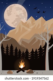 night landscape with full moon, mountains, bonfire forest and stars.