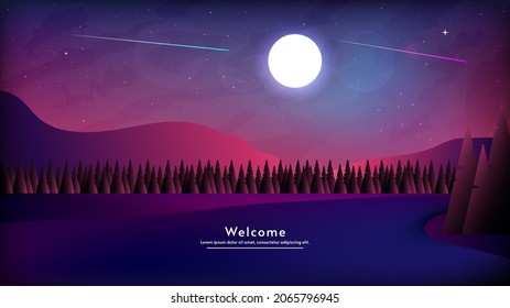 Night landscape with full moon, mountains and forest. Vector illustration. Starry sky with comets. Cartoon vector illustration. Romantic fantasy natural scene background.