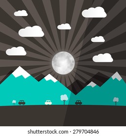 Night Landscape with Full Moon - Mountains  and Road with Cars