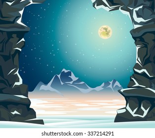 Night landscape with full moon, mountains, snowdrift and wall of rock. Winter vector illustration.