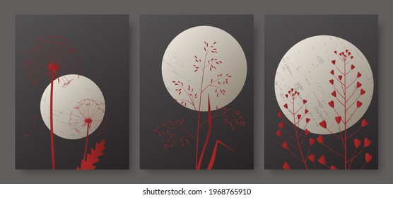 Night landscape with full moon and red meadow grass vector illustration set. Minimal summer luxury abstract foliage in vertical floral modern wall picture template background for social media stories