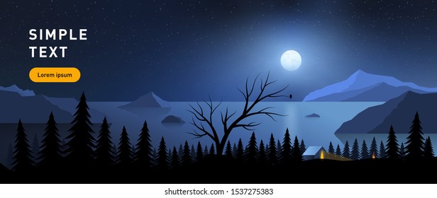 Night landscape with a full moon, sea, mountains in a simple flat style.