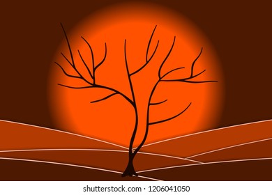 Night landscape with the full moon and a silhouette of a tree. Halloween background. Vector EPS10