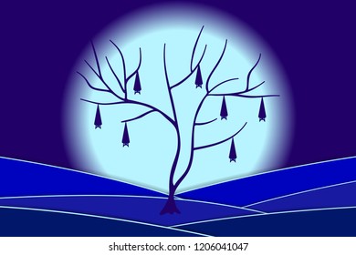 Night landscape with the full moon and silhouettes of bats on a tree. Halloween background. Vector EPS10