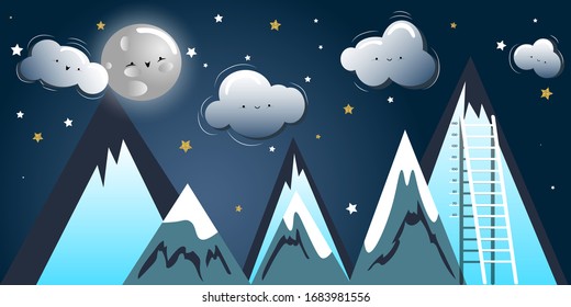 Night landscape with full moon, stars cute clouds and mountains. Ledder with growyh meter. Vector illustration for kids bedroom.