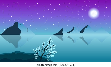 Night landscape with full moon, stars  in dark sky and mountains. Quiet beautiful lake. Vector illustration.
