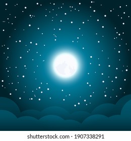 Night Landscape With Full Moon, Stars  In Dark Sky. Vector Illustration.