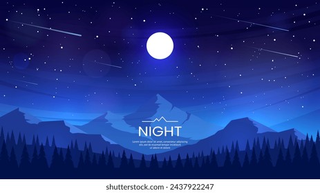 Night landscape. Full moon and stars in the dark sky. Silhouettes of mountain ranges and hills with forest. Mountain tops illuminated by the light of the moon. Evening twilight. Vector illustration.