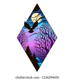 Night Landscape With Full Moon, Trees And Owl In The Shape Of Diamond. Magic Forest. Vector Illustration Isolated On White Background.