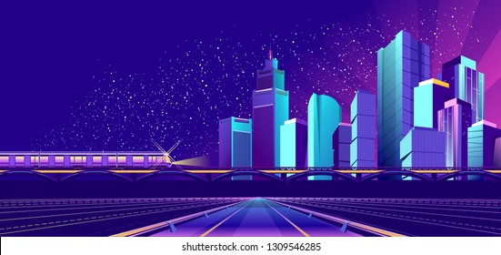 Night landscape, futuristic city, train traffic on the railway bridge, neon lights